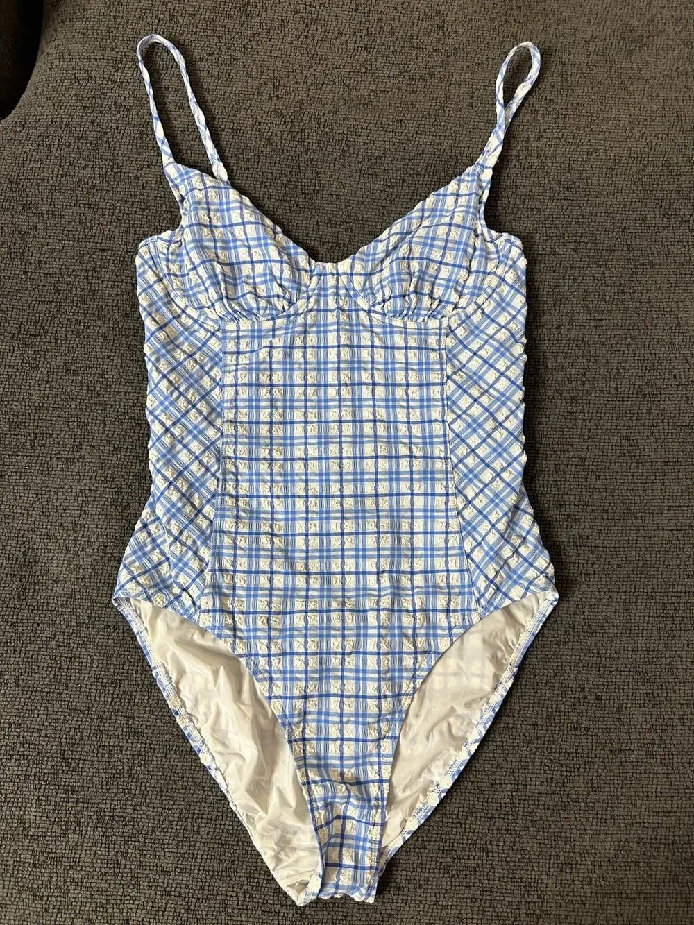 Tory Burch Check Plaid Gingham Swimsuit size M Underwire Blue White Seersucker
